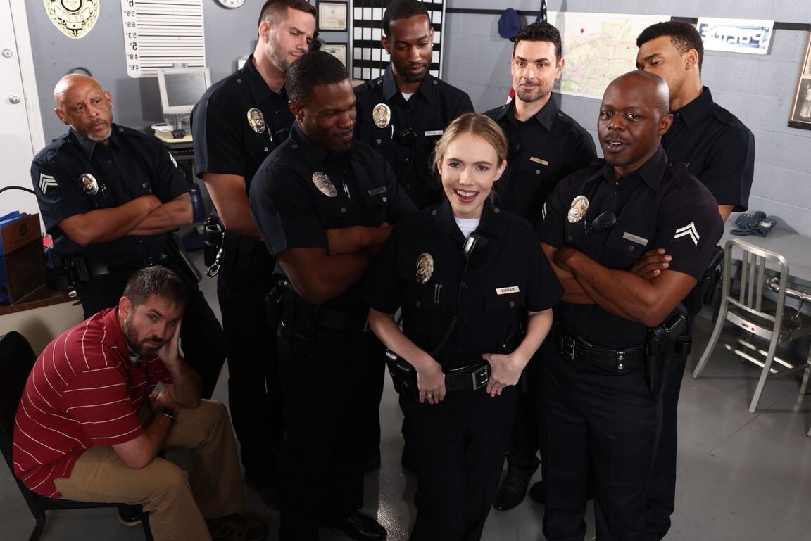 21P Slutty policewoman gets a DP in a wild gangbang as her cuckold watches