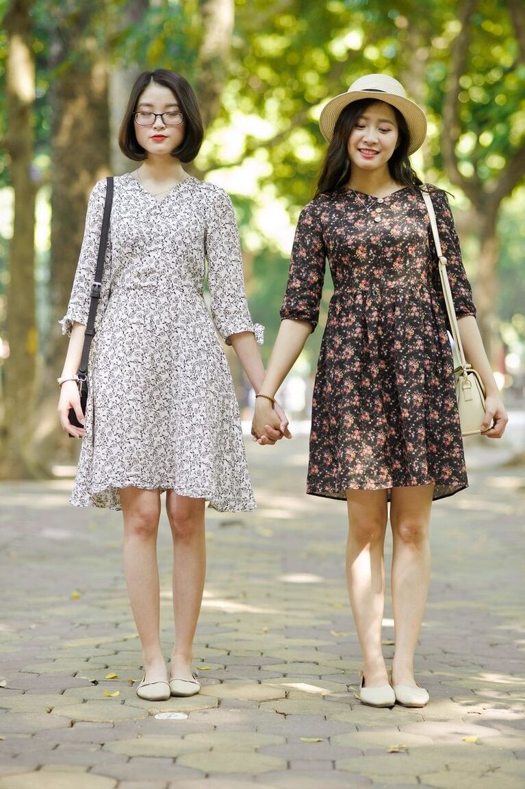 20P Gorgeous Asian brunette girls posing in their summer dresses in public