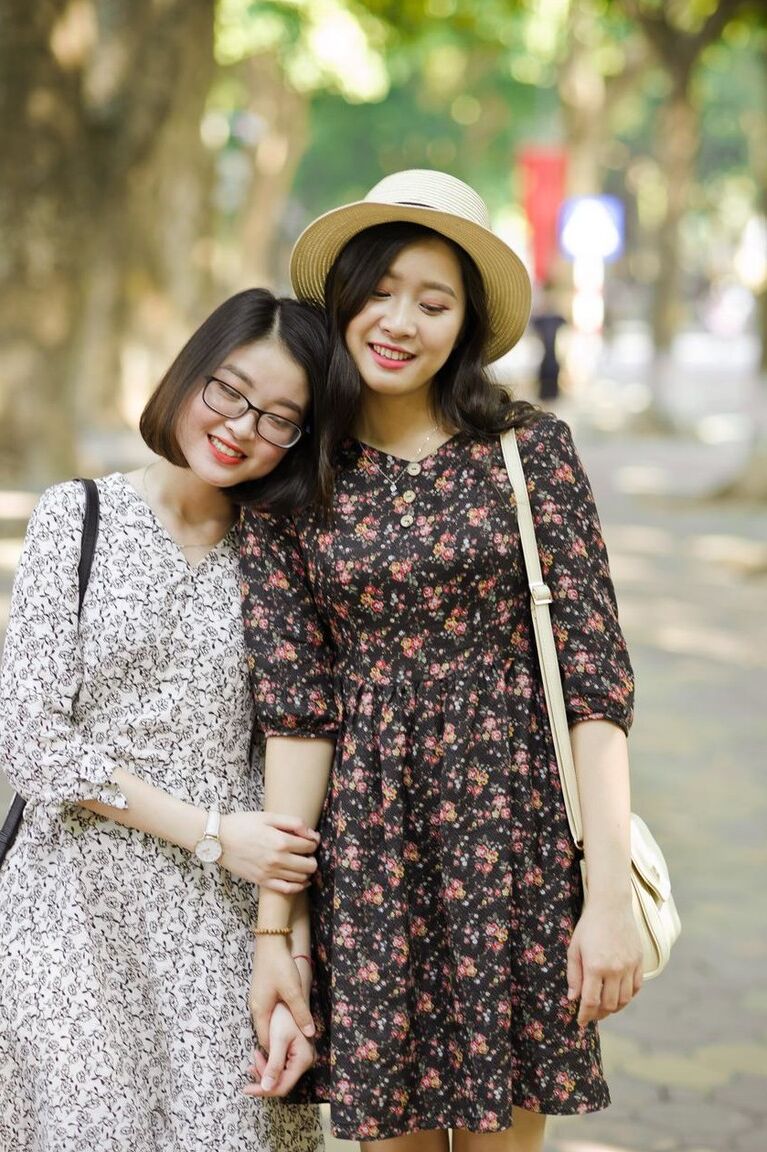 20P Gorgeous Asian brunette girls posing in their summer dresses in public