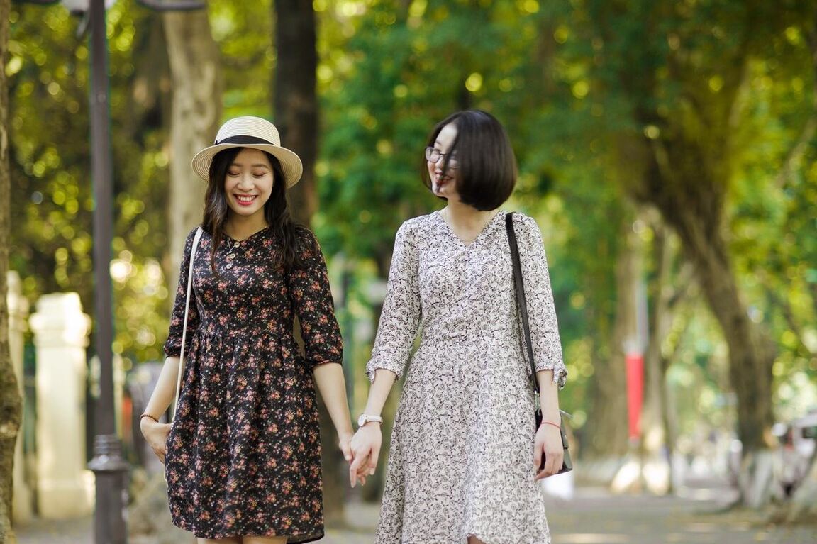 20P Gorgeous Asian brunette girls posing in their summer dresses in public