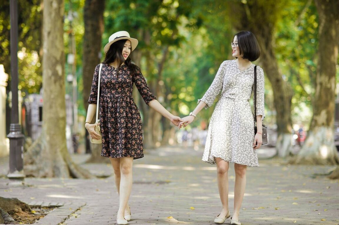 20P Gorgeous Asian brunette girls posing in their summer dresses in public