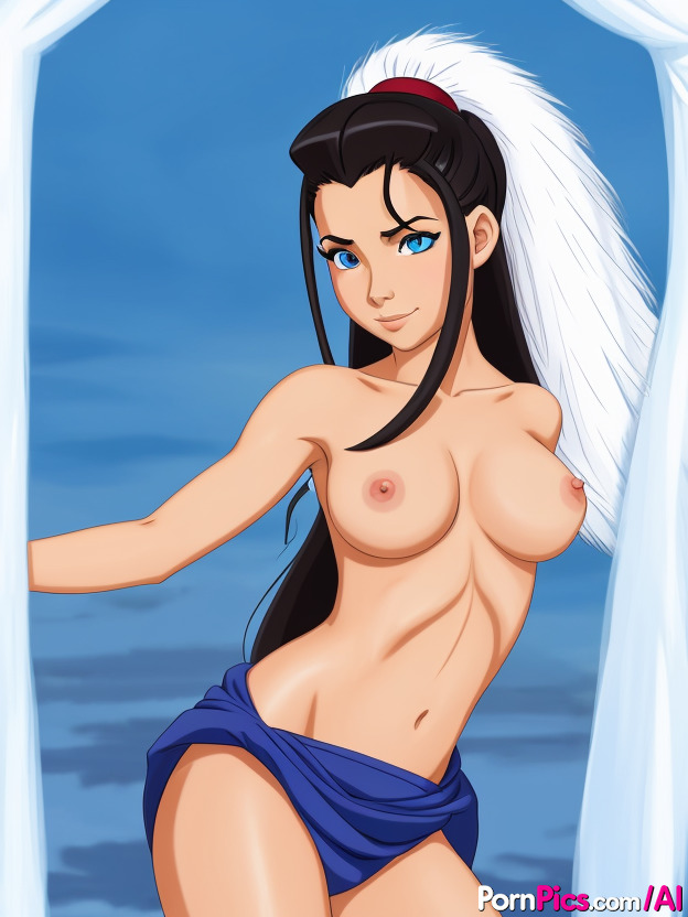 10P Katara, el personaje de anime de grandes ojos azules, se burla con su bonito culo y sus grandes tetas