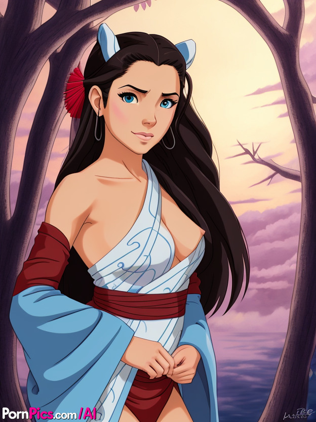 10P Katara, el personaje de anime de grandes ojos azules, se burla con su bonito culo y sus grandes tetas