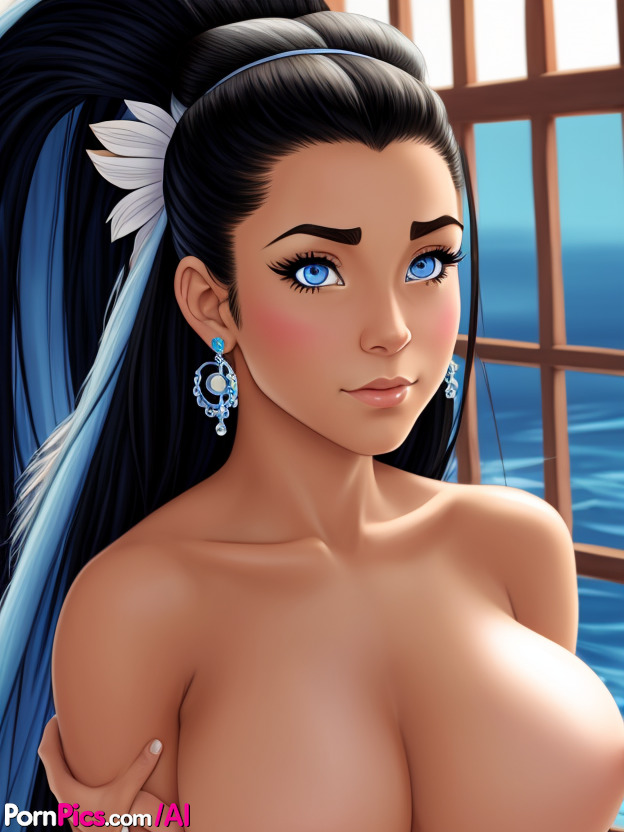 10P Katara, el personaje de anime de grandes ojos azules, se burla con su bonito culo y sus grandes tetas