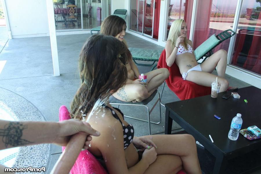 10P A group of girls get surprised by a guy shooting jizz all over them