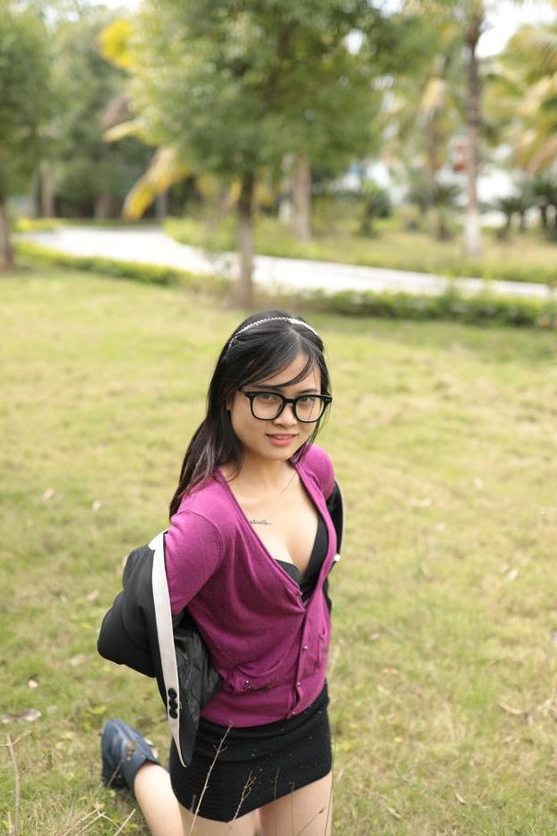 20P Petite Asian model with glasses Julia posing in her cute outfit outdoors