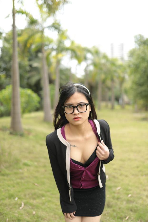 20P Petite Asian model with glasses Julia posing in her cute outfit outdoors