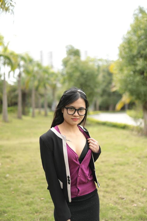 20P Petite Asian model with glasses Julia posing in her cute outfit outdoors