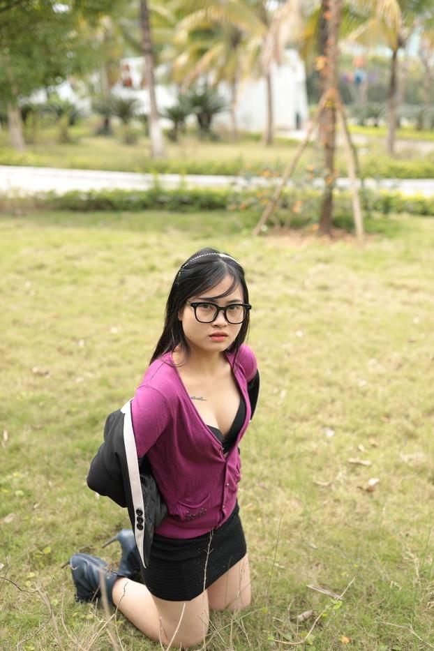 20P Petite Asian model with glasses Julia posing in her cute outfit outdoors