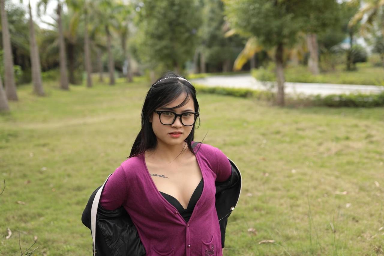 20P Petite Asian model with glasses Julia posing in her cute outfit outdoors
