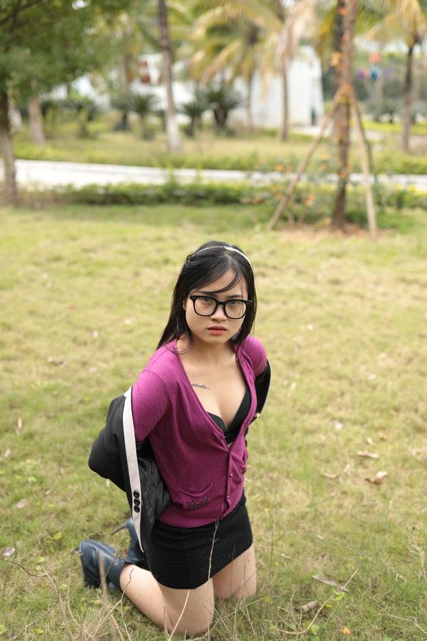 20P Petite Asian model with glasses Julia posing in her cute outfit outdoors