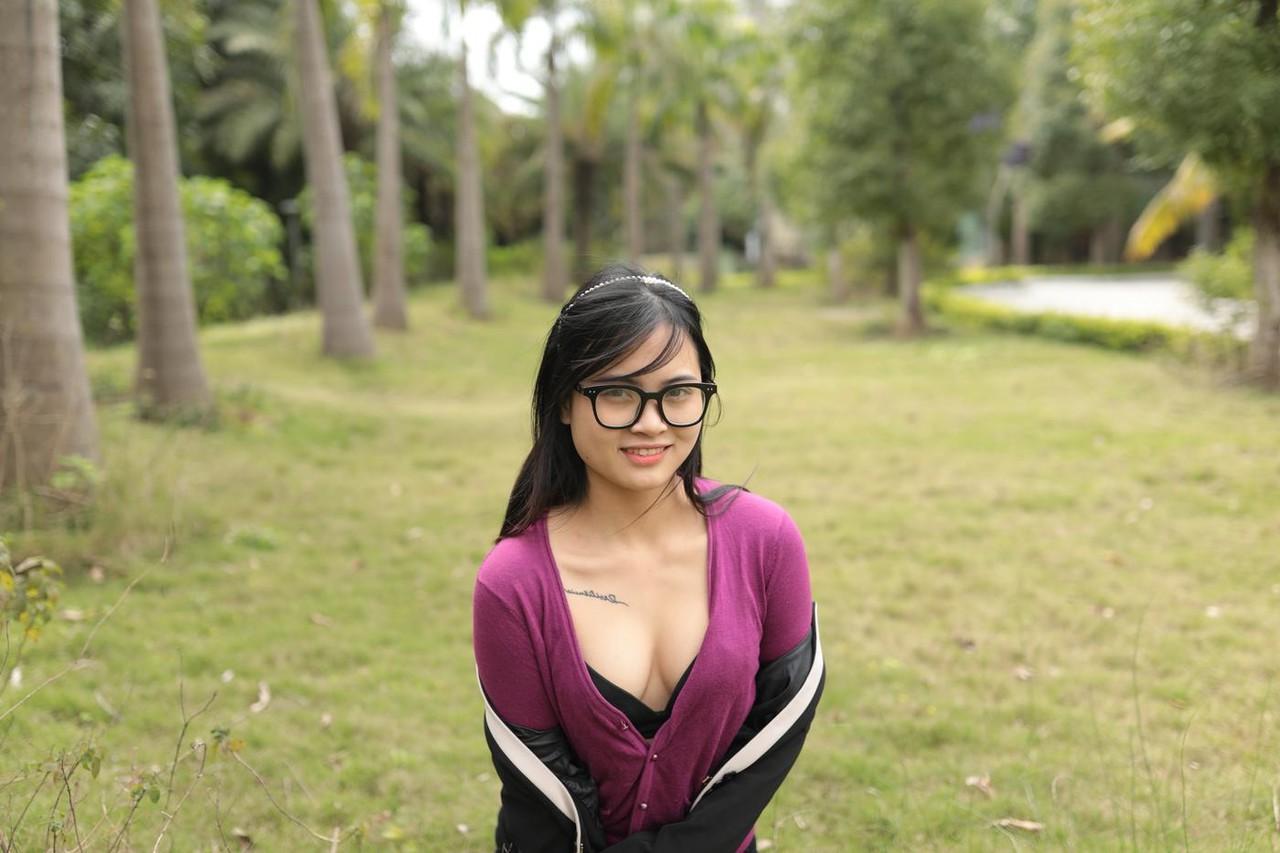 20P Petite Asian model with glasses Julia posing in her cute outfit outdoors