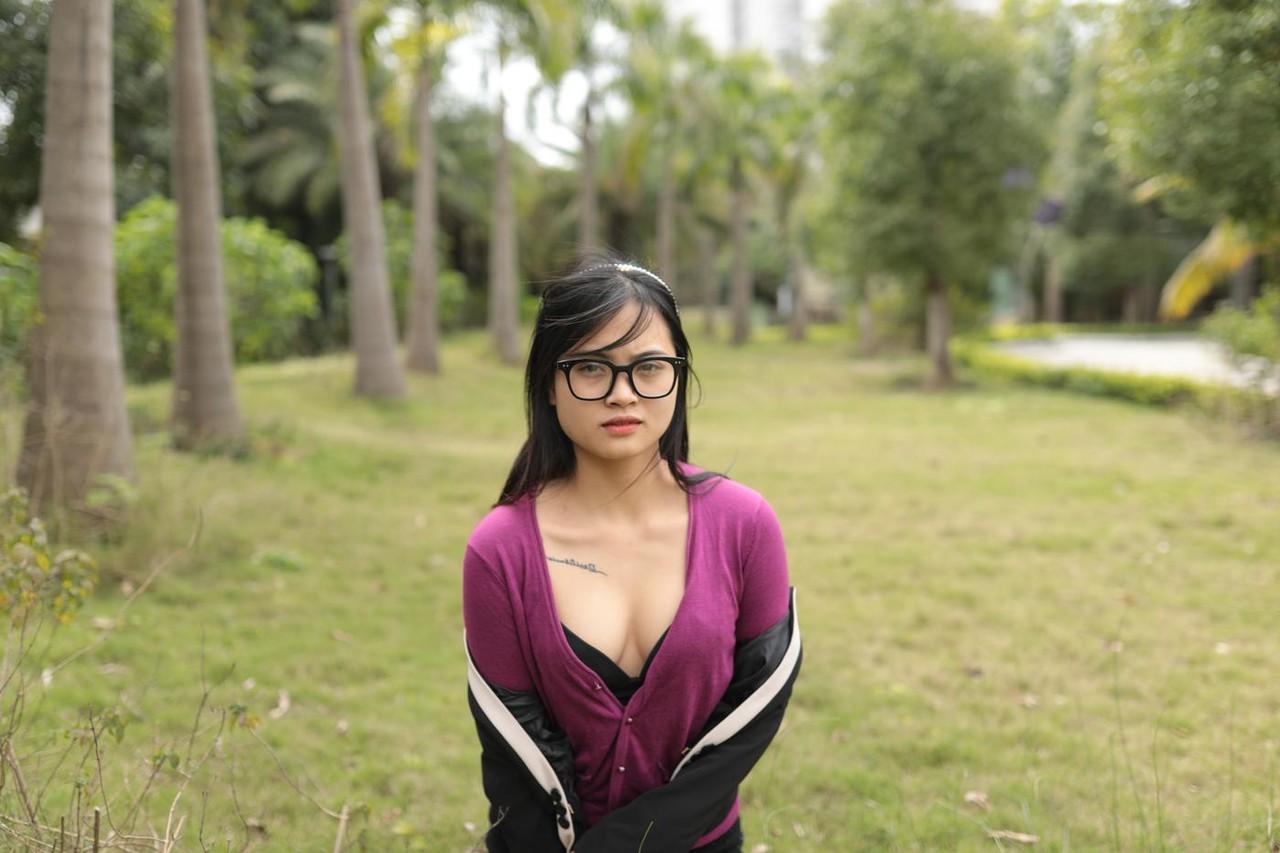 20P Petite Asian model with glasses Julia posing in her cute outfit outdoors