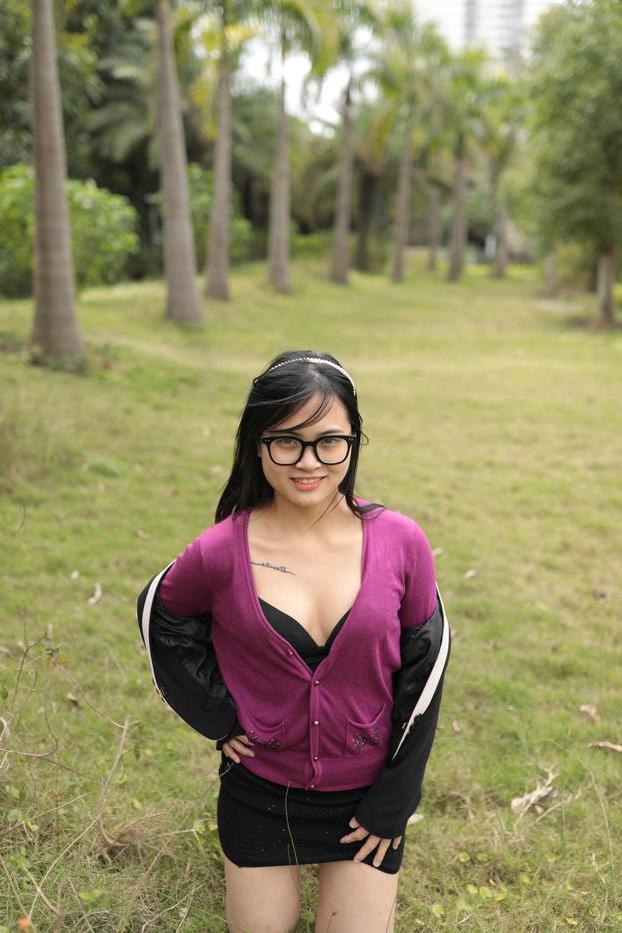 20P Petite Asian model with glasses Julia posing in her cute outfit outdoors