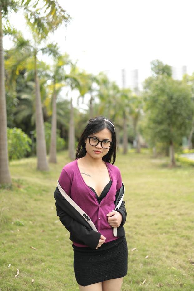 20P Petite Asian model with glasses Julia posing in her cute outfit outdoors