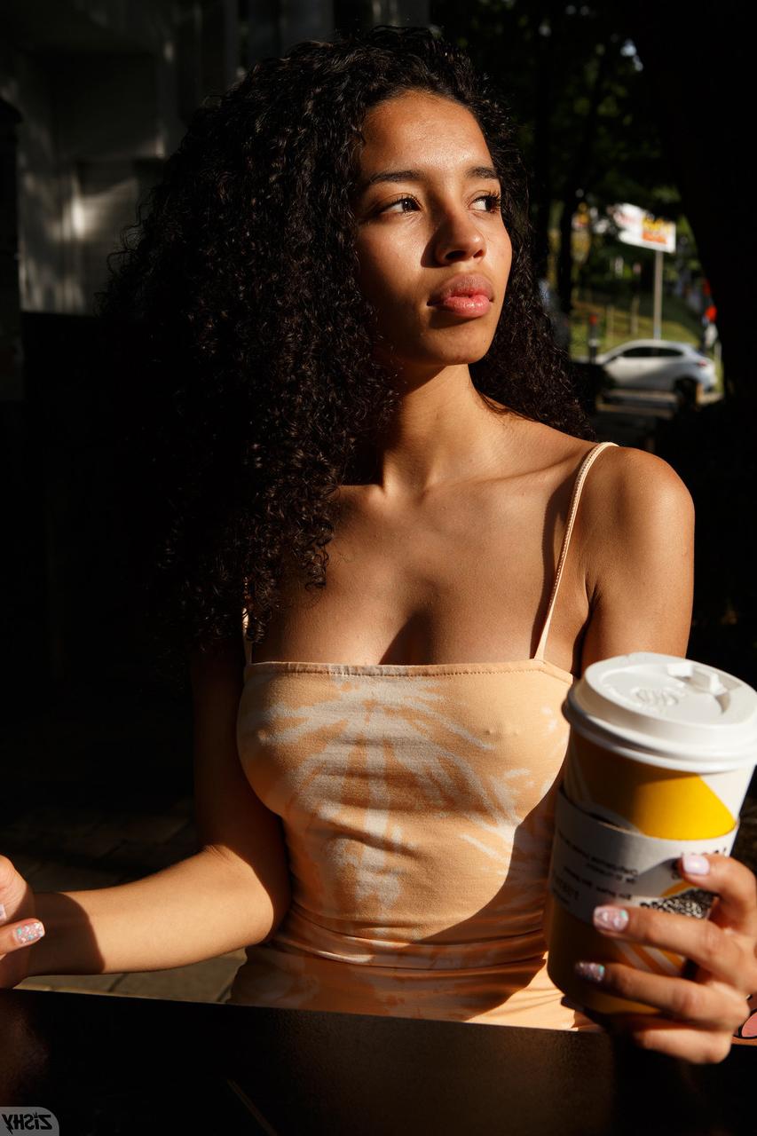 12P Stunning black spinner Valery Ponce exposes her nice tits & wets her nude body