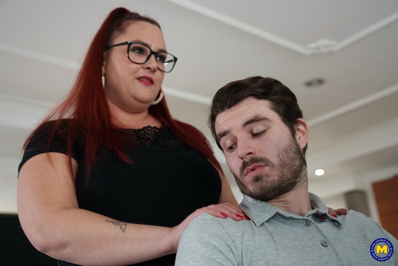 12P Obese redhead seduces and bangs a younger employee while he's at work