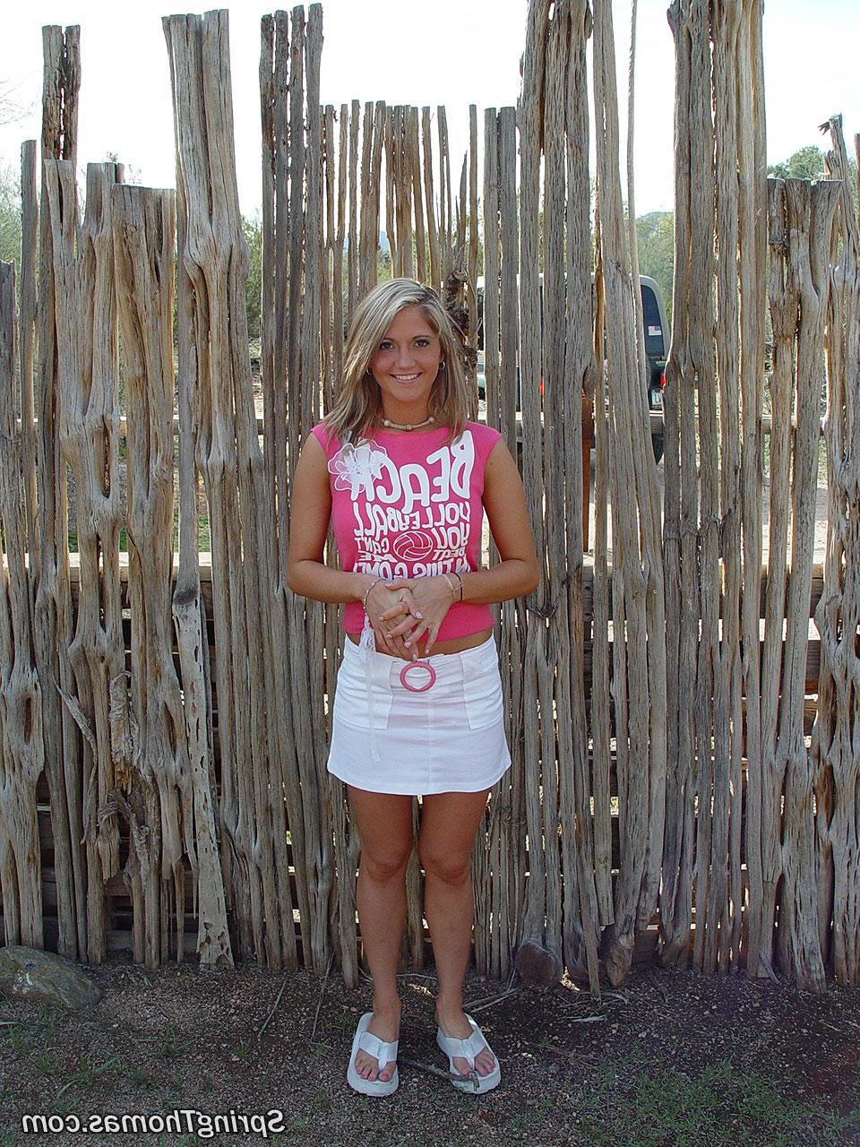 20P Blonde cutie Spring Thomas reveals her small bosom and sweet vagina