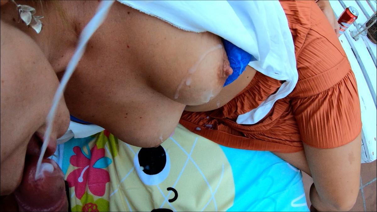 10P Blonde MILF takes a cumshot on her natural tits during POV action