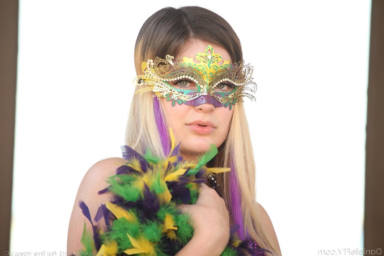 16P Solo model Danielle changes into a sun hat and dress before toying her twat