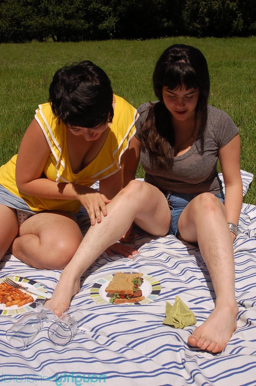 20P Young honeys Nikki Silver and Cleo undress and pose nude on a picnic