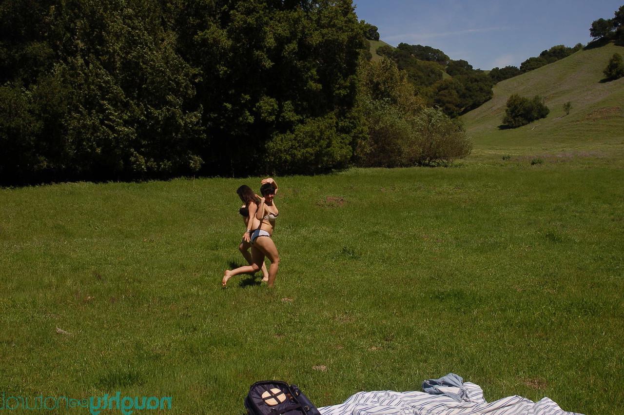20P Young honeys Nikki Silver and Cleo undress and pose nude on a picnic