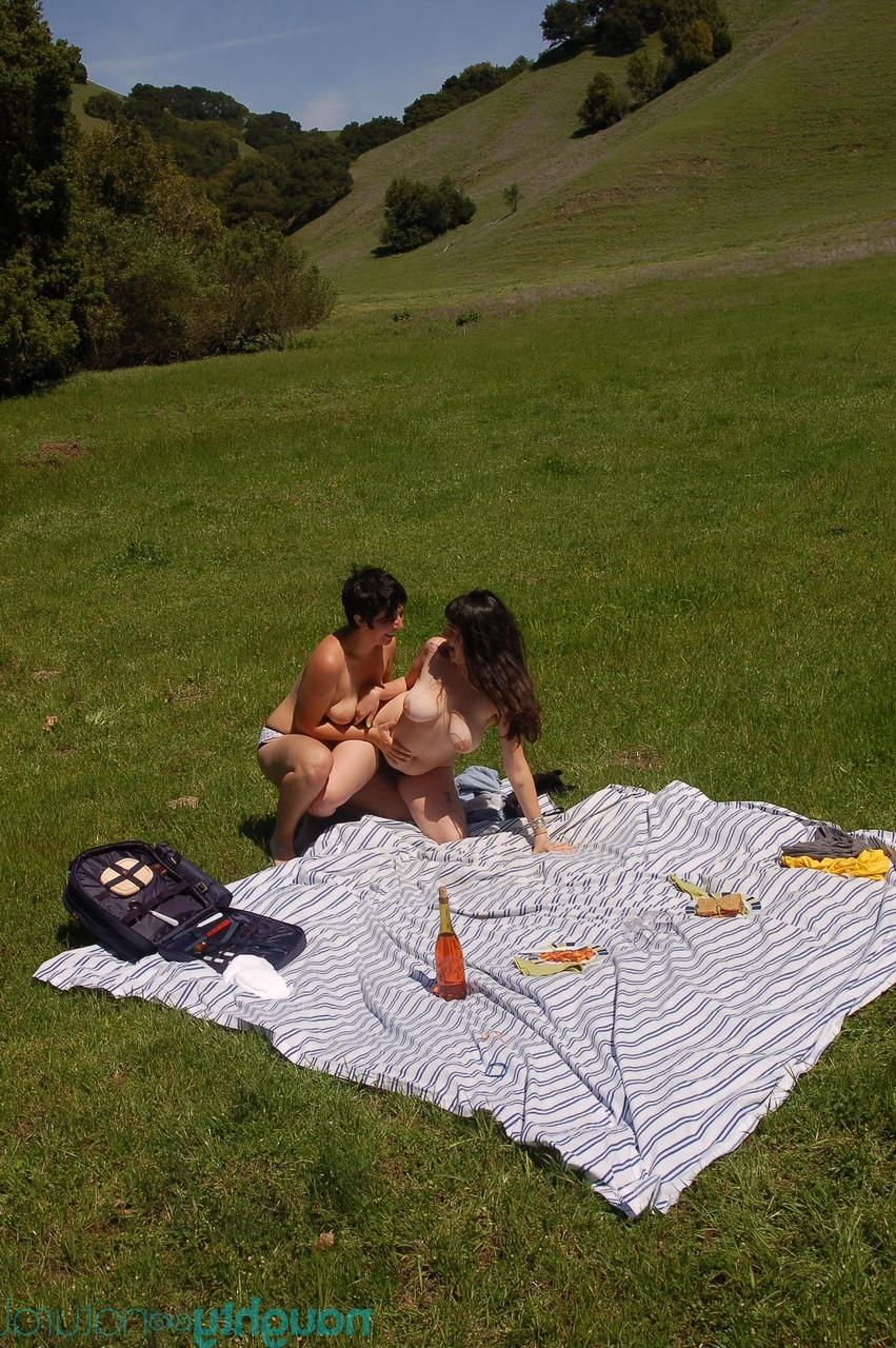 20P Young honeys Nikki Silver and Cleo undress and pose nude on a picnic