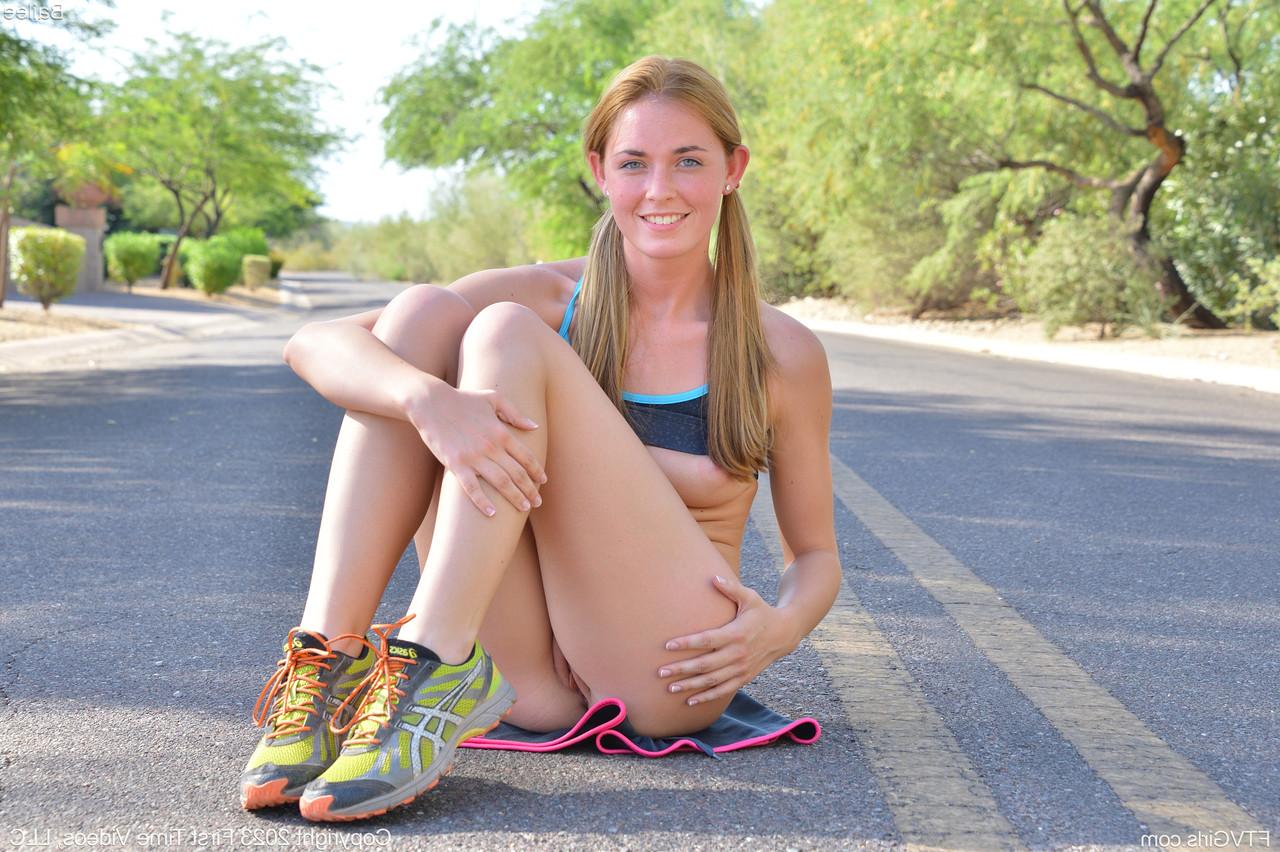 20P Cute blonde Bailee shamelessly strips and poses naked in public while jogging