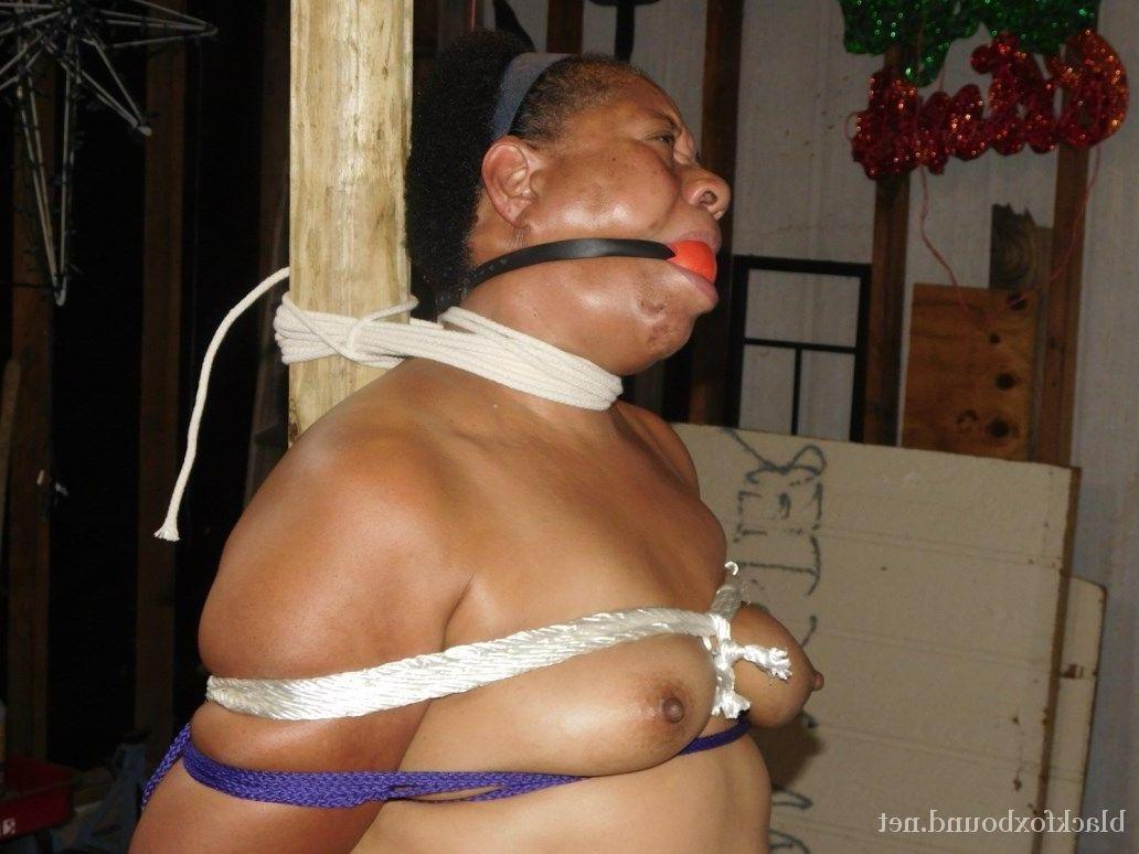 16P O gordo de ébano ostenta uma mordaça de bola e pinças de mamilo enquanto está amarrado a um poste