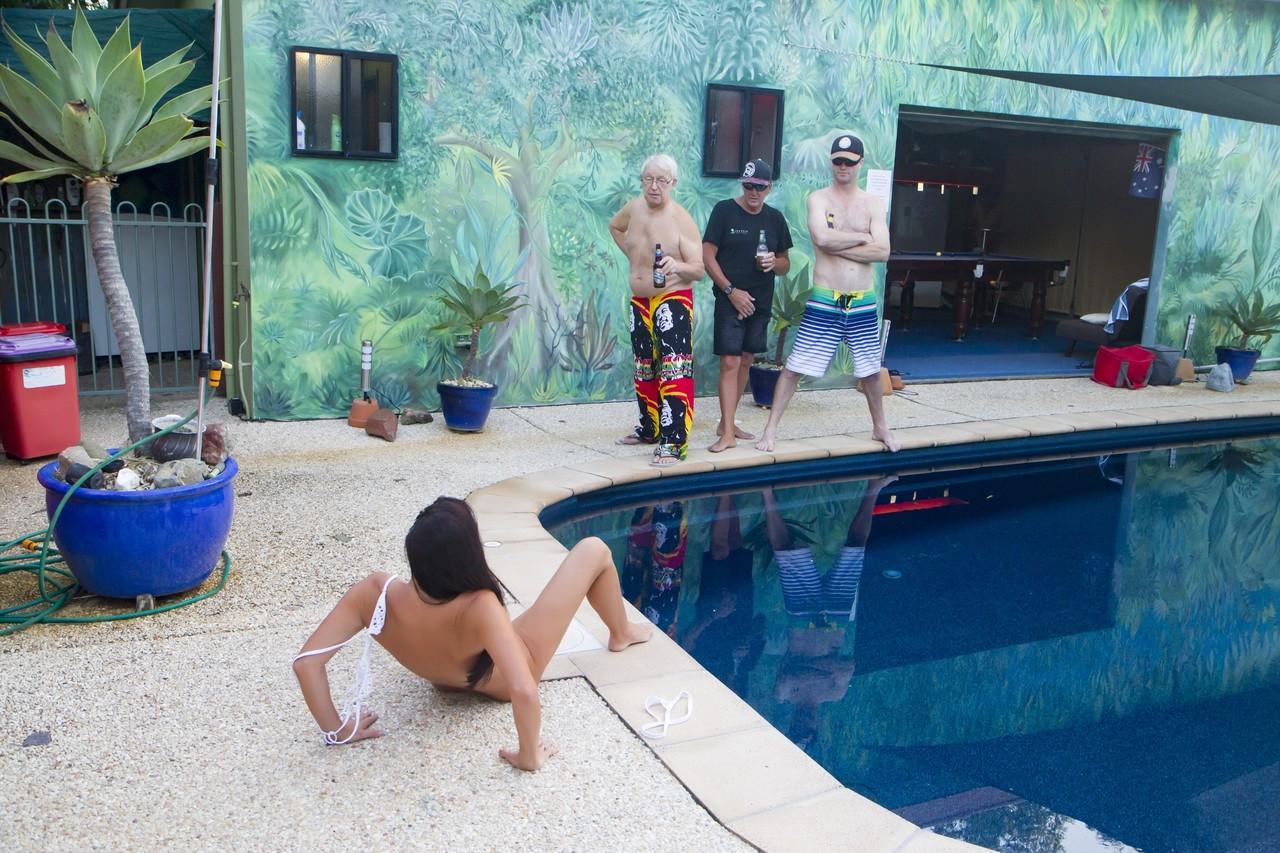 17P Amateur MILF Wild Thing gets stripped and groped by three men poolside