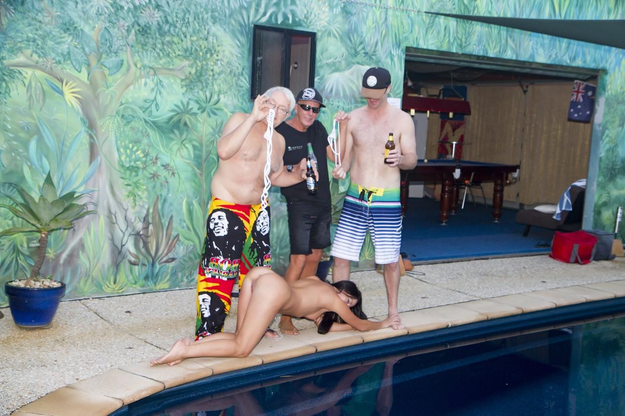 17P Amateur MILF Wild Thing gets stripped and groped by three men poolside