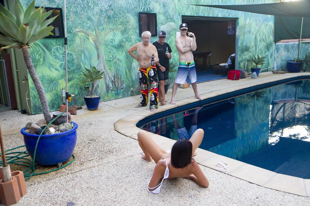 17P Amateur MILF Wild Thing gets stripped and groped by three men poolside