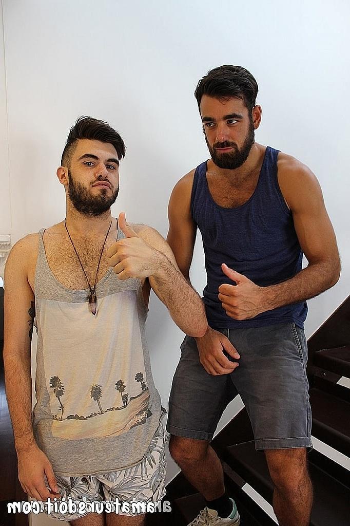 20P Gay brunette Mitch Bear blowing and deepthroating his friend Batt's dick