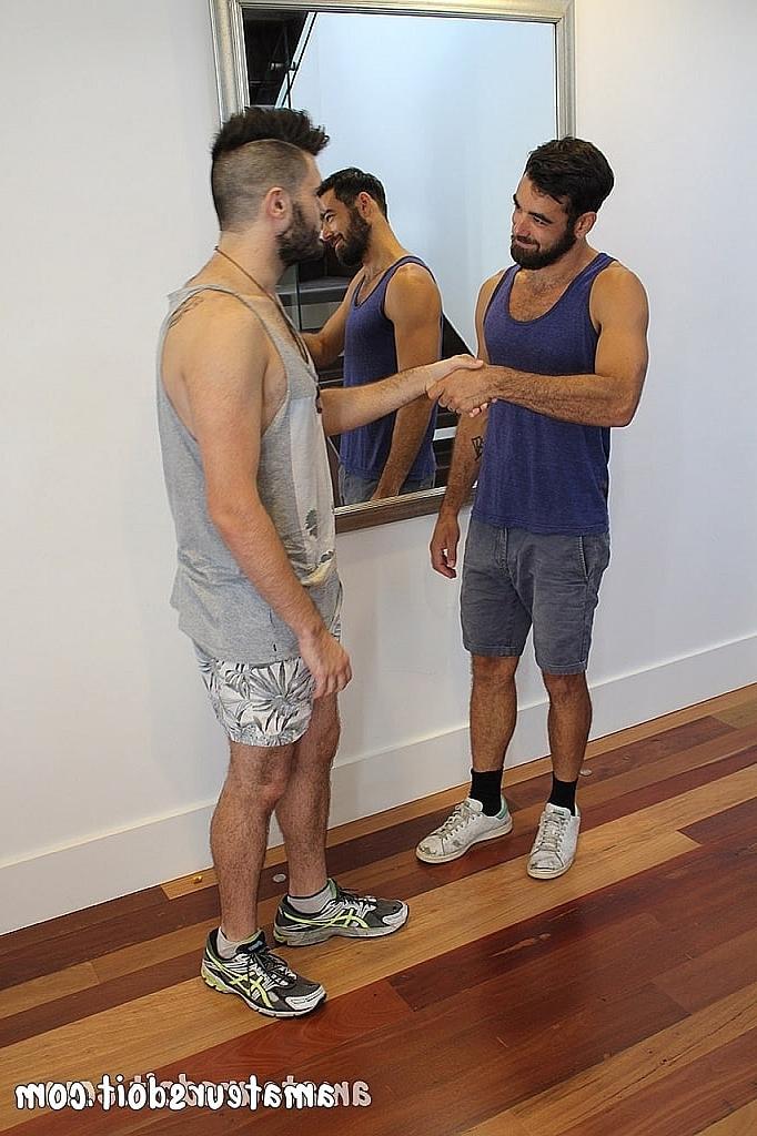 20P Gay brunette Mitch Bear blowing and deepthroating his friend Batt's dick