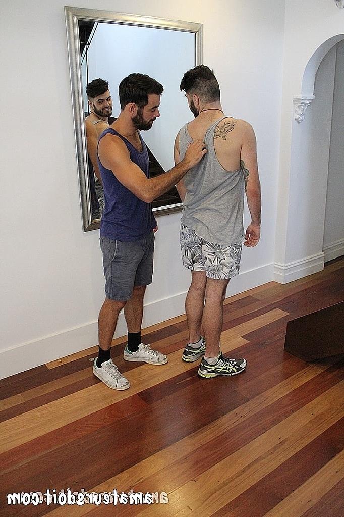 20P Gay brunette Mitch Bear blowing and deepthroating his friend Batt's dick