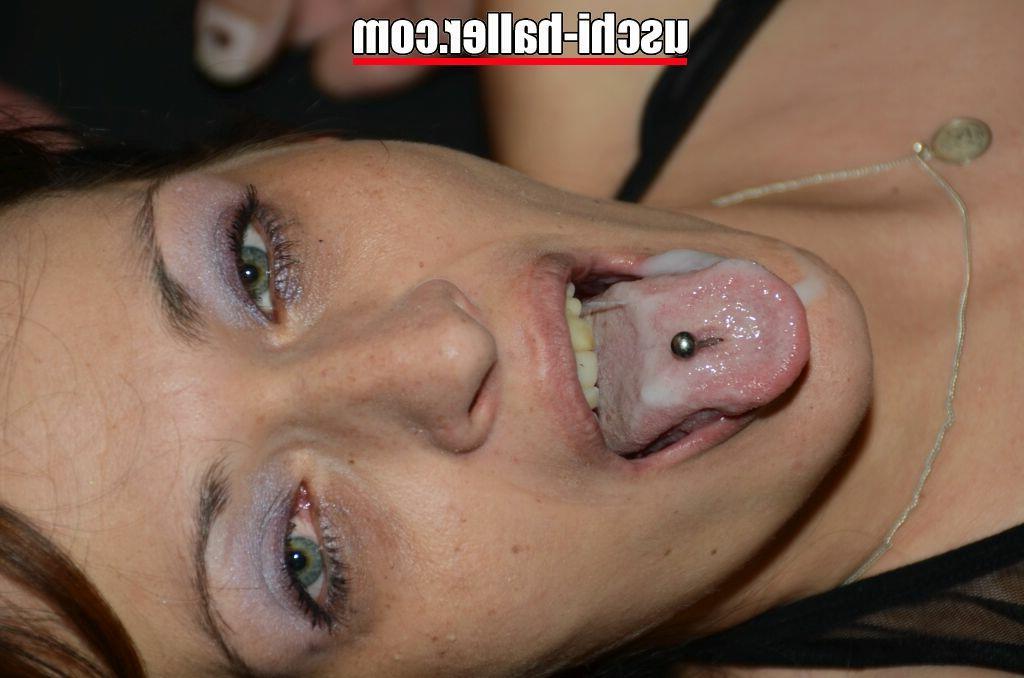 15P Lea Blow displays her pierced tongue during the course of being gangbanged