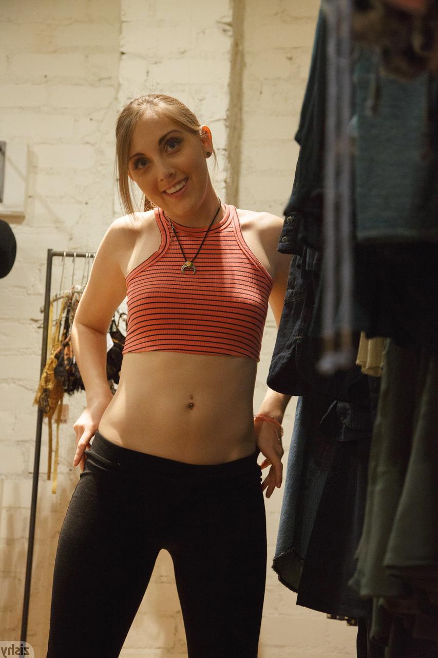 12P Lovely girlfriend Nickey Huntsman flashing her hairy pussy at the store