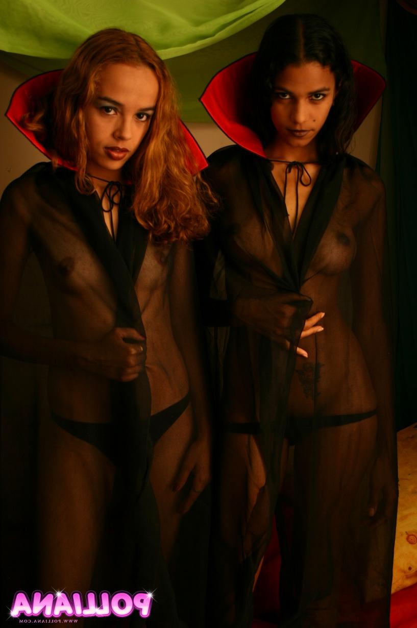 16P Lesbian lovers experiment with hot wax play at Halloween