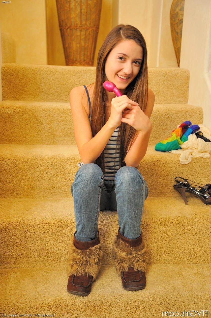 20P Petite babe Claire toys with a vibrator & stuffs beads into her tight anus
