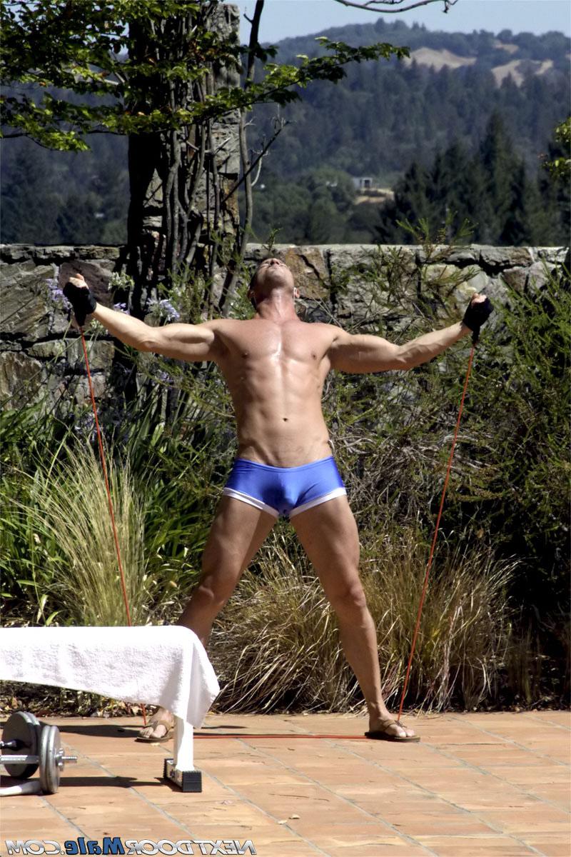20P Athletic stud Rusty Stevens teasing nude with his fully erect cock outdoors