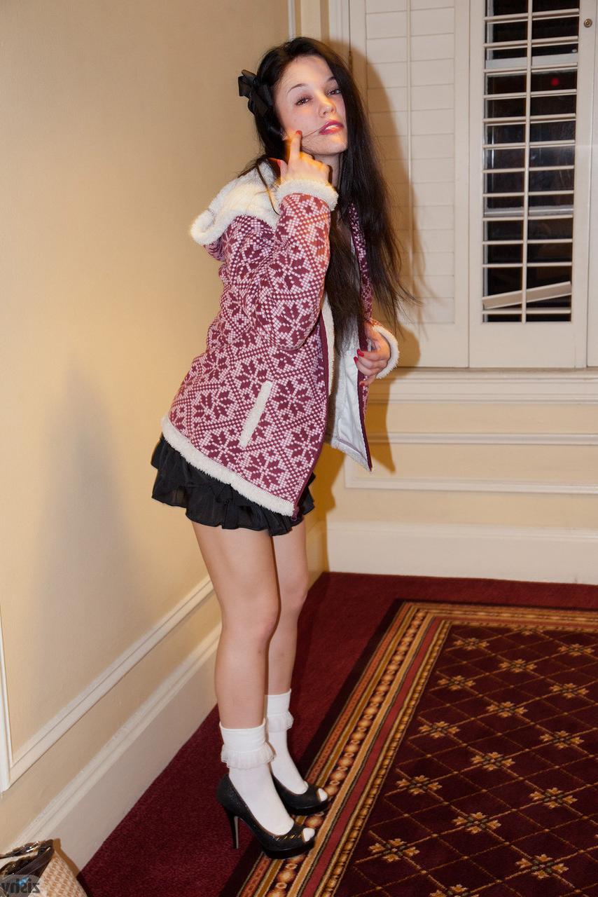 12P Petite amateur Logan Drae teases in public by flashing her white panties