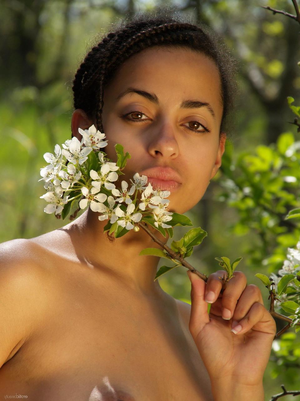 20P Die wunderschöne Teenagerin Alice Y aus Ebenholz pflückt Blumen und posiert nackt in der Natur