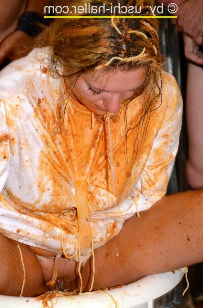 15P Restrained chick Arabella May is covered in spaghetti during a blowbang