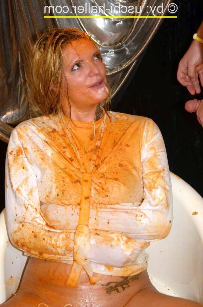 15P Restrained chick Arabella May is covered in spaghetti during a blowbang