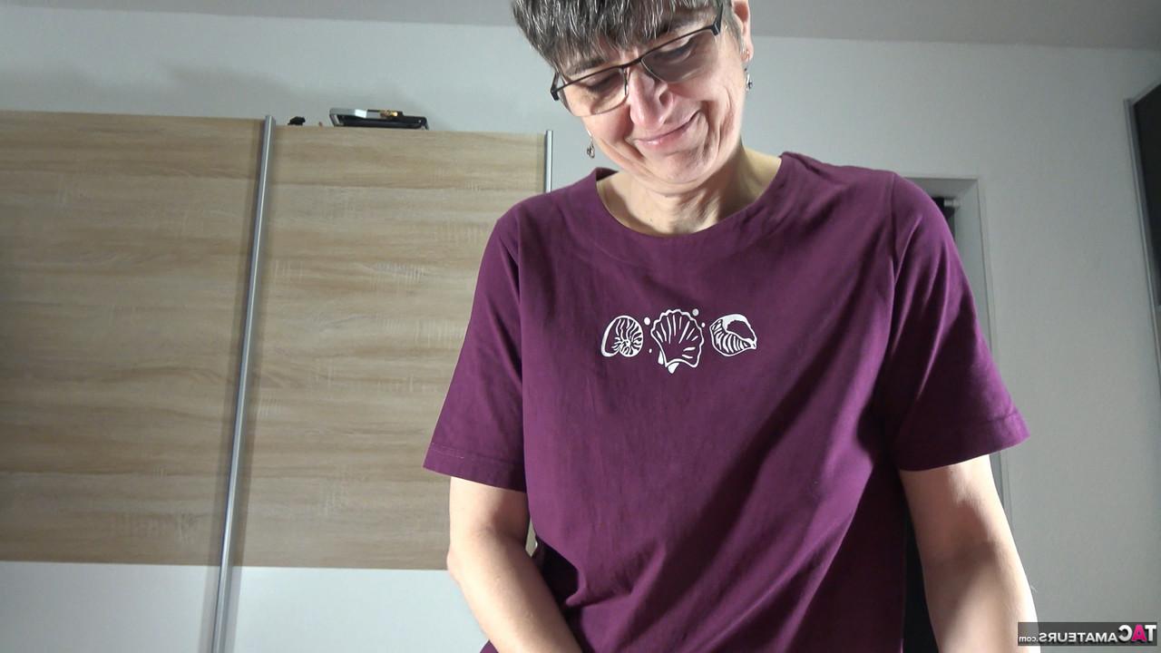 16P Older brunette Hot MILF gives a POV blowjob while wearing glasses