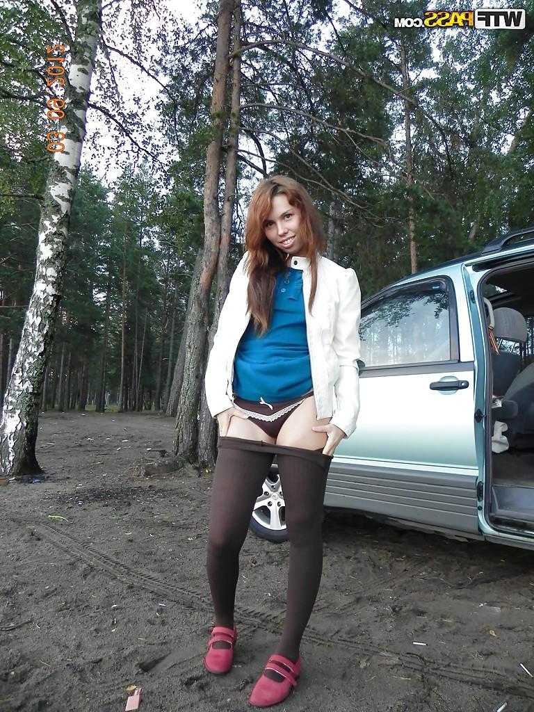 12P Pretty brunette slut with cute ass and tits is undressing outdoor