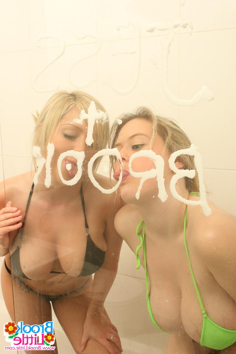 16P Hot busty Brook Little & friend strips bikinis & lather big tits in the shower