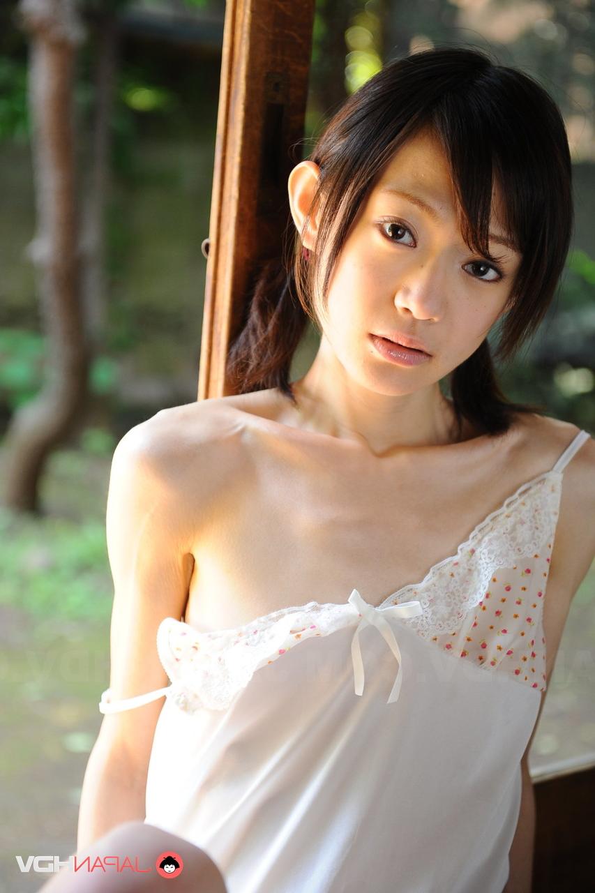 15P Tiny Japanese girl Aoba Itou models non nude in satin lingerie