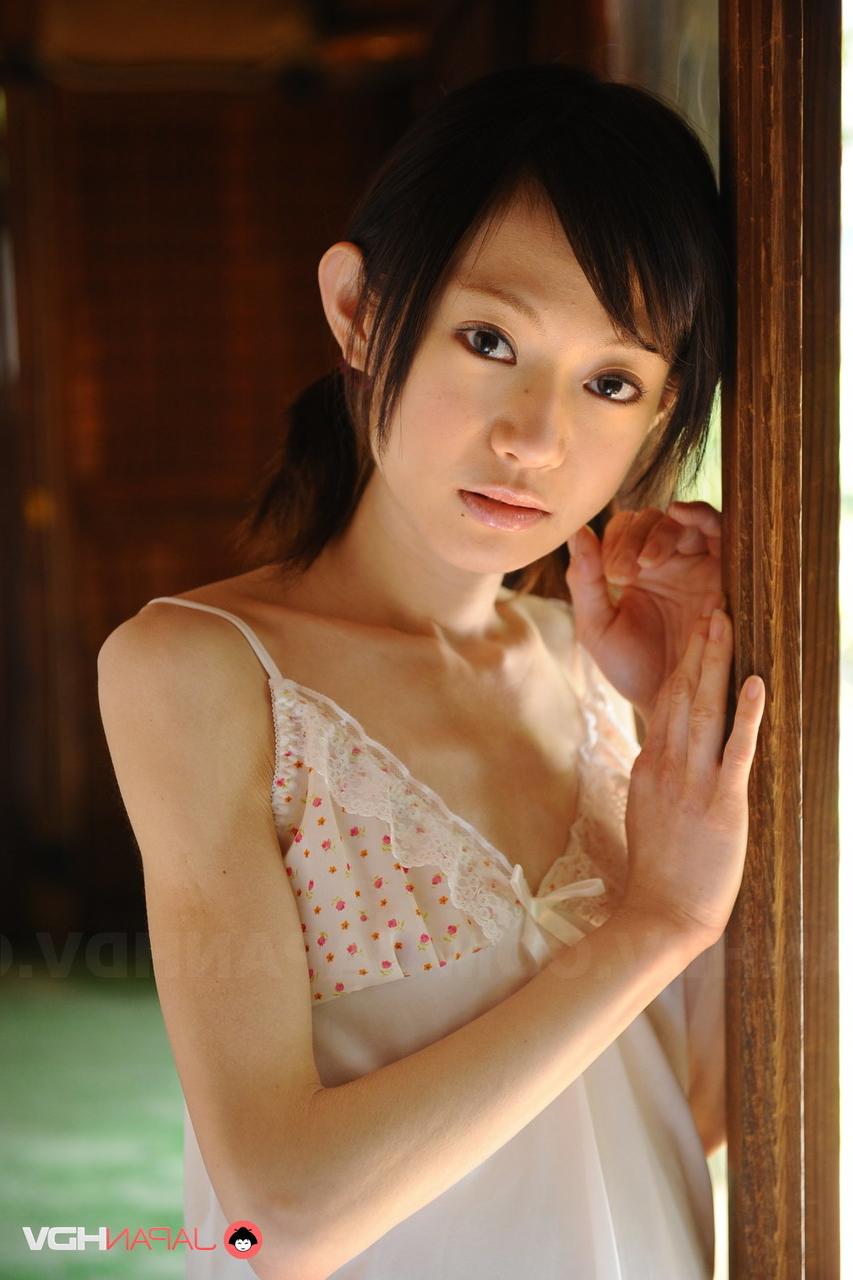 15P Tiny Japanese girl Aoba Itou models non nude in satin lingerie