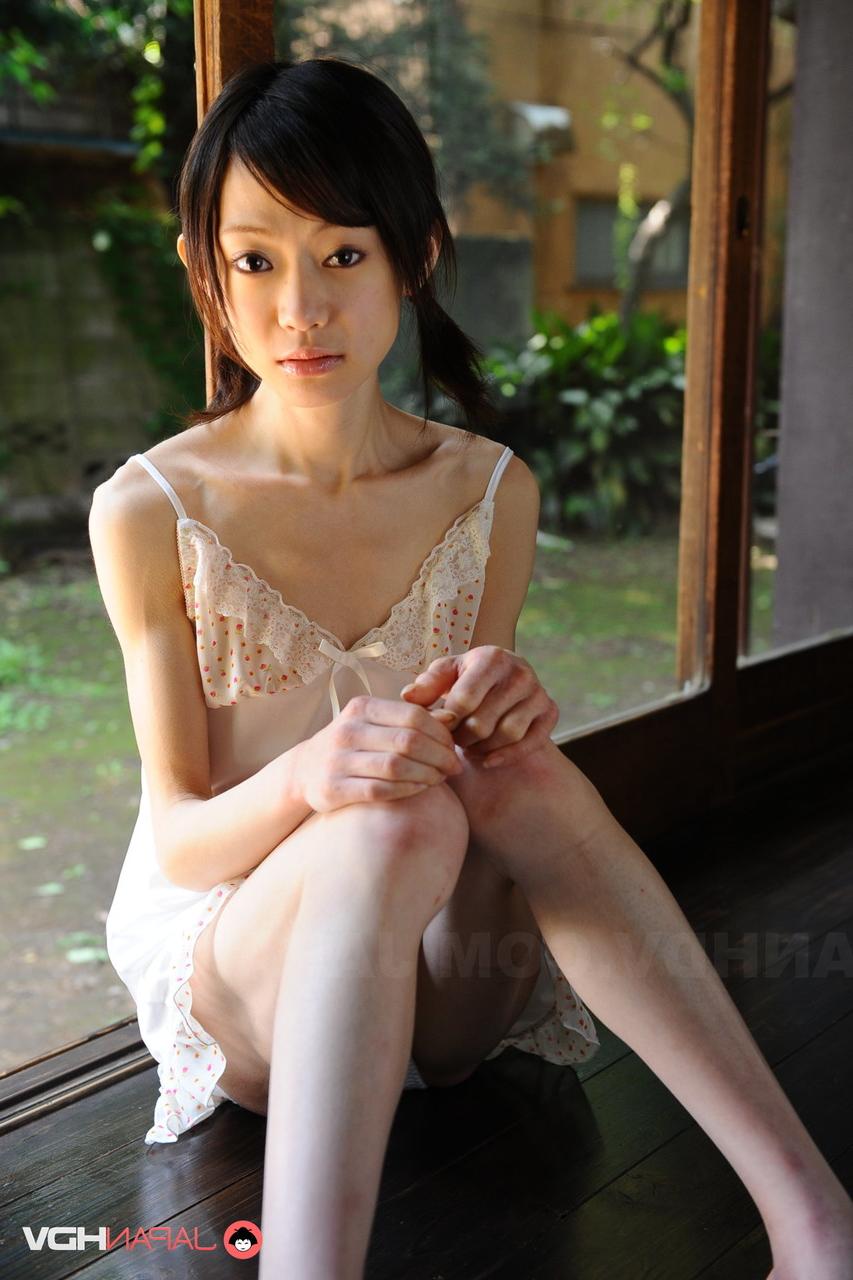 15P Tiny Japanese girl Aoba Itou models non nude in satin lingerie